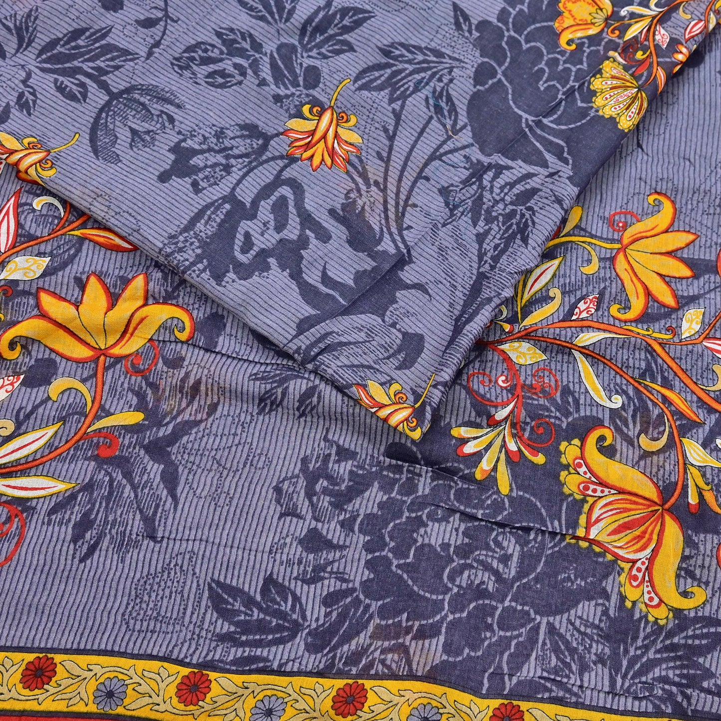 Indian Vintage Gray Saree Printed Pure Cotton Indian Sari Craft Fabric 5Yd Sewing Soft Sarong Wrap Boho Floral Quilting Crafting