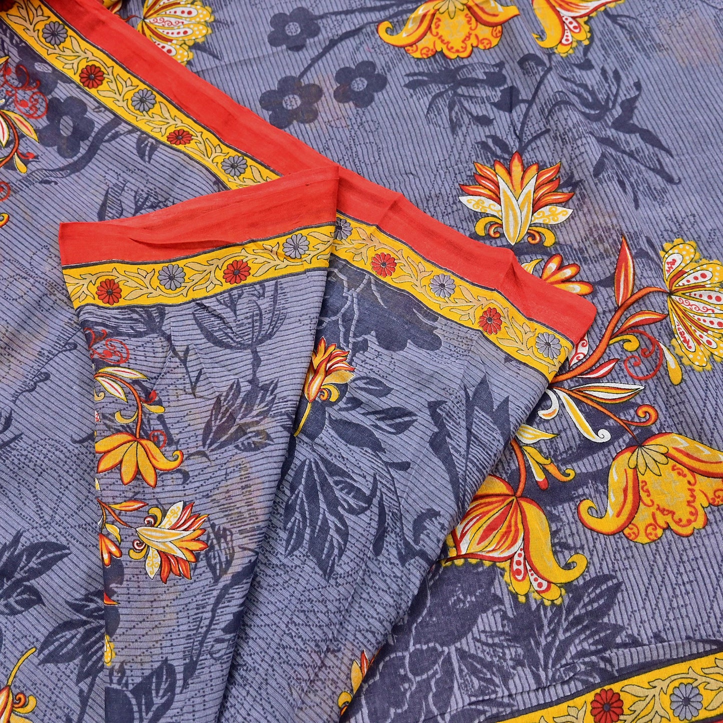 Indian Vintage Gray Saree Printed Pure Cotton Indian Sari Craft Fabric 5Yd Sewing Soft Sarong Wrap Boho Floral Quilting Crafting