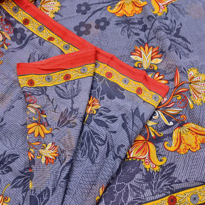 Indian Vintage Gray Saree Printed Pure Cotton Indian Sari Craft Fabric 5Yd Sewing Soft Sarong Wrap Boho Floral Quilting Crafting