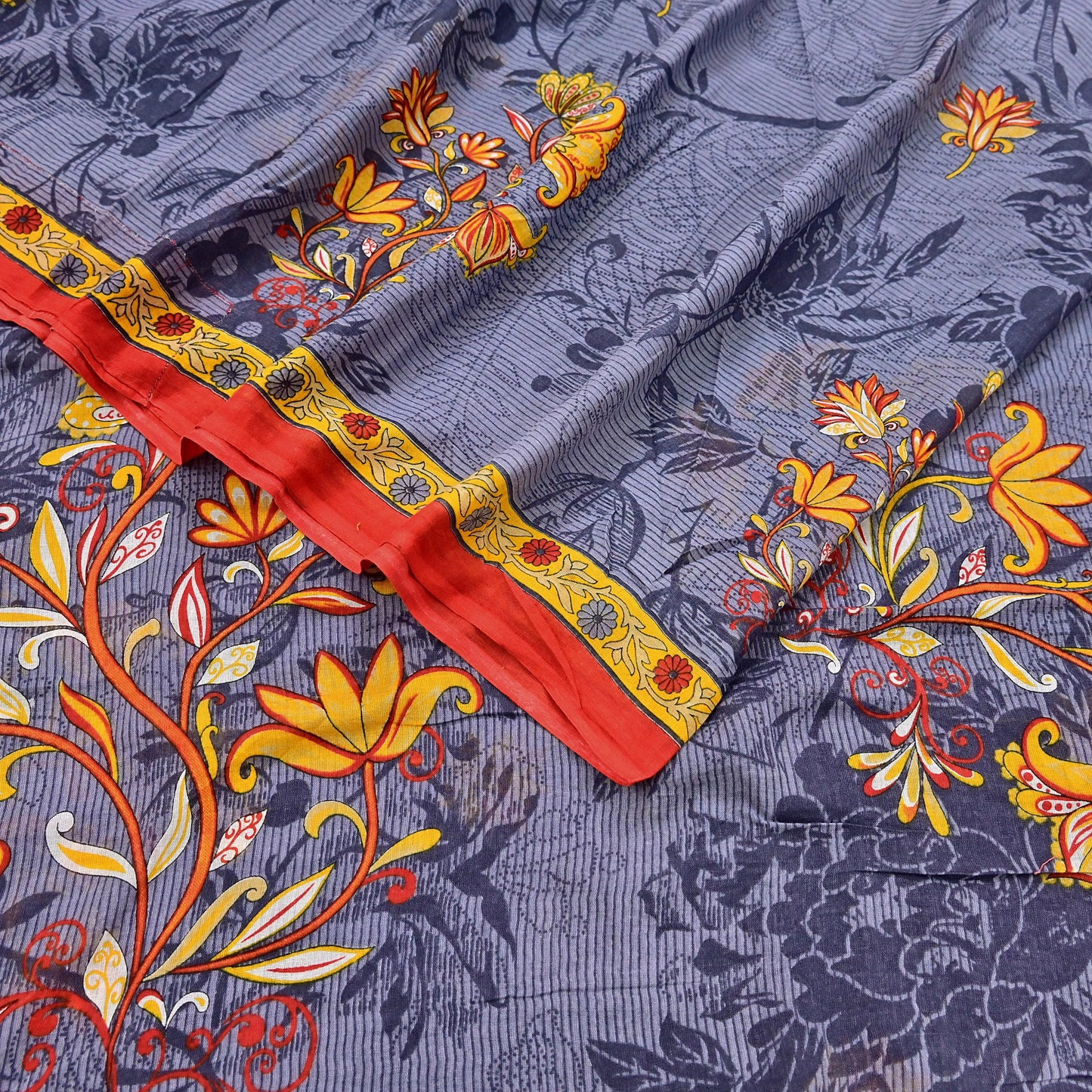 Indian Vintage Gray Saree Printed Pure Cotton Indian Sari Craft Fabric 5Yd Sewing Soft Sarong Wrap Boho Floral Quilting Crafting