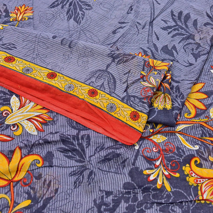 Indian Vintage Gray Saree Printed Pure Cotton Indian Sari Craft Fabric 5Yd Sewing Soft Sarong Wrap Boho Floral Quilting Crafting
