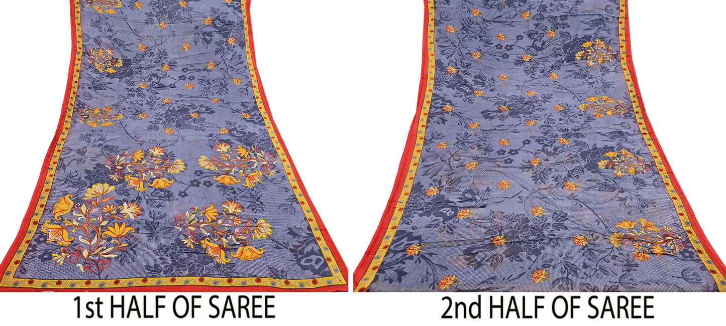Indian Vintage Gray Saree Printed Pure Cotton Indian Sari Craft Fabric 5Yd Sewing Soft Sarong Wrap Boho Floral Quilting Crafting