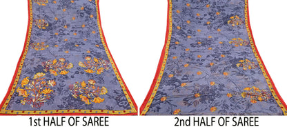 Indian Vintage Gray Saree Printed Pure Cotton Indian Sari Craft Fabric 5Yd Sewing Soft Sarong Wrap Boho Floral Quilting Crafting