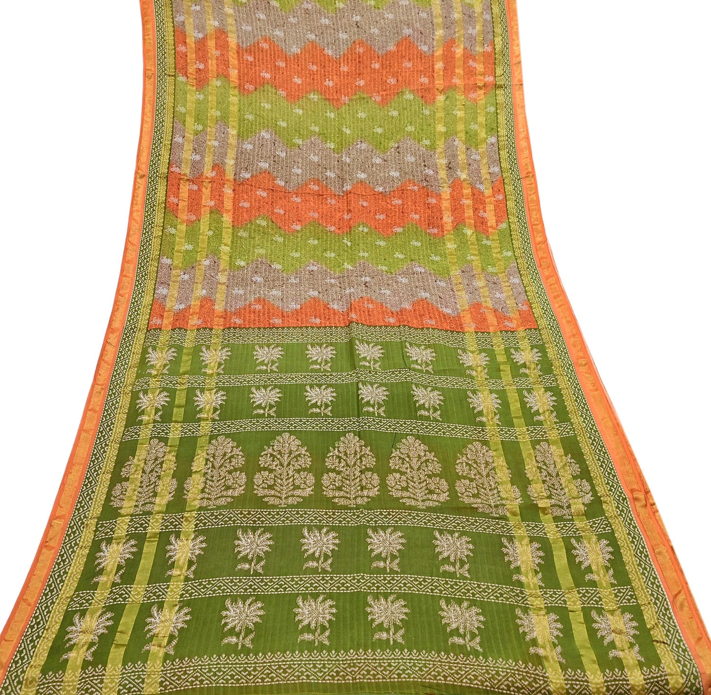 Indian Vintage Sari Rusty & Green Printed Pure Cotton Sarees Craft Fabric 5Yd Soft Sewing Sarong Wrap Boho Floral Quilting Dress making