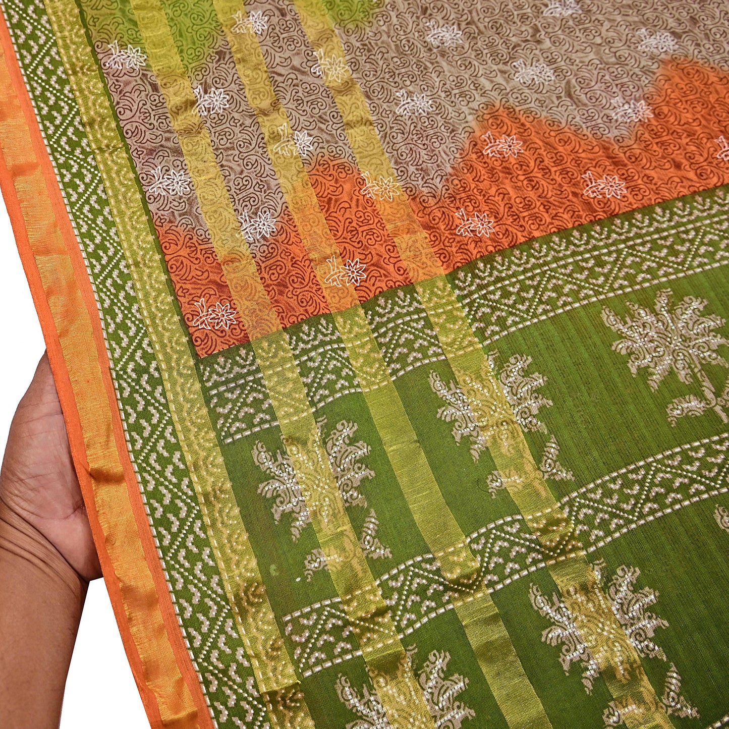 Indian Vintage Sari Rusty & Green Printed Pure Cotton Sarees Craft Fabric 5Yd Soft Sewing Sarong Wrap Boho Floral Quilting Dress making