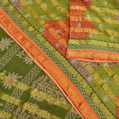 Indian Vintage Sari Rusty & Green Printed Pure Cotton Sarees Craft Fabric 5Yd Soft Sewing Sarong Wrap Boho Floral Quilting Dress making