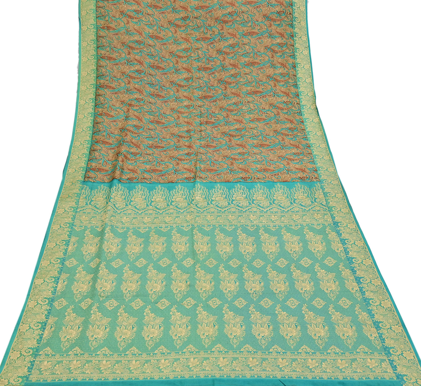 Indian Vintage Sari Brown & Green 100% Pure Silk Printed Woven Saree 5yd Sewing Craft Fabric Soft Dress Designing for Crafting Quilting