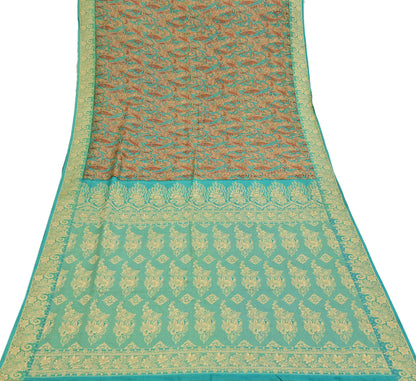 Indian Vintage Sari Brown & Green 100% Pure Silk Printed Woven Saree 5yd Sewing Craft Fabric Soft Dress Designing for Crafting Quilting