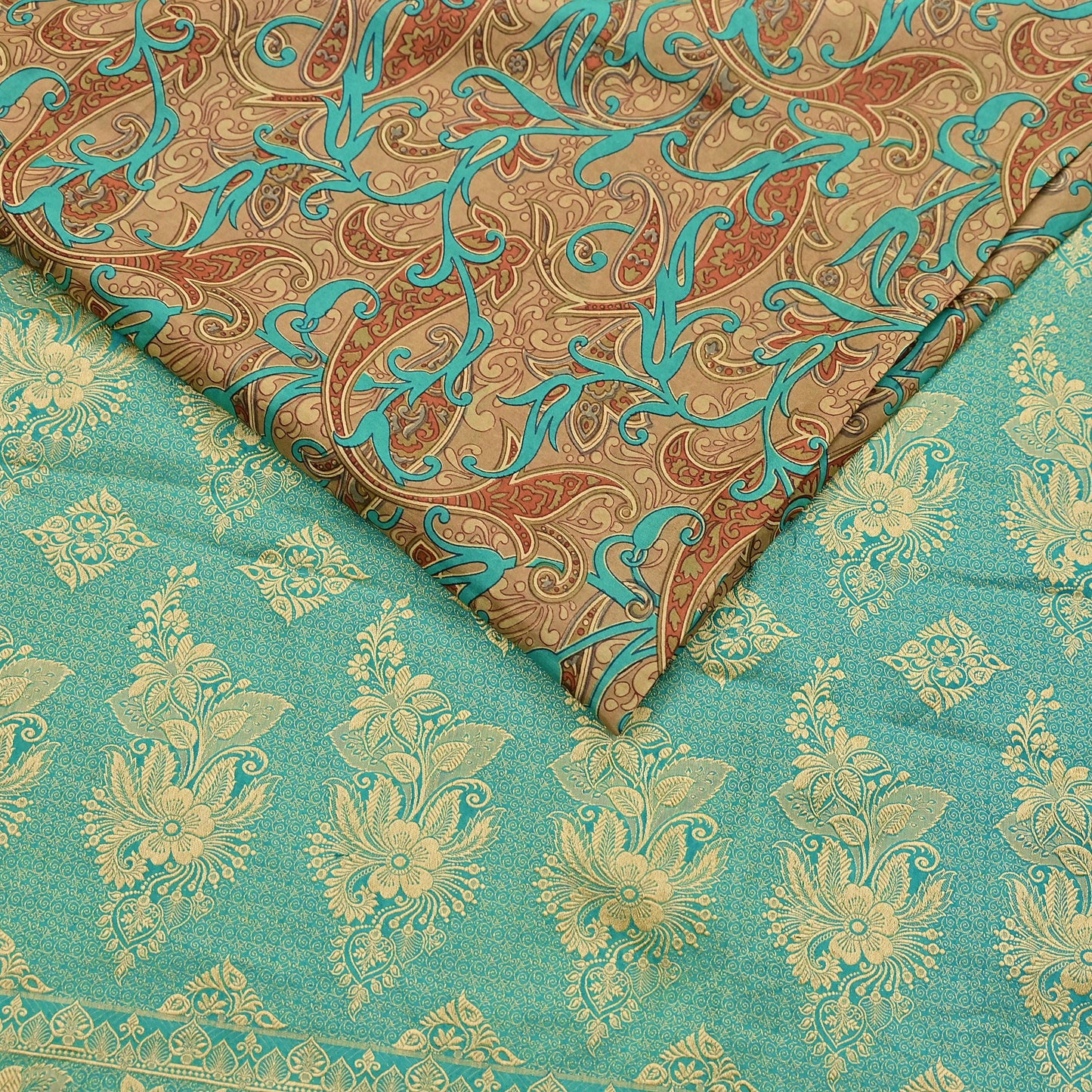 Indian Vintage Sari Brown & Green 100% Pure Silk Printed Woven Saree 5yd Sewing Craft Fabric Soft Dress Designing for Crafting Quilting