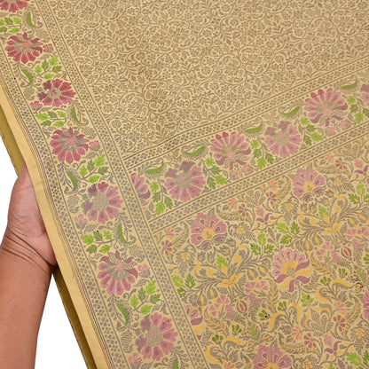 Indian Vintage Sari Beige 100% Pure Silk Hand Woven Sarees Craft Fabric 5Yd Ethnic Sewing Dress making Crafting Quilting Upcycle