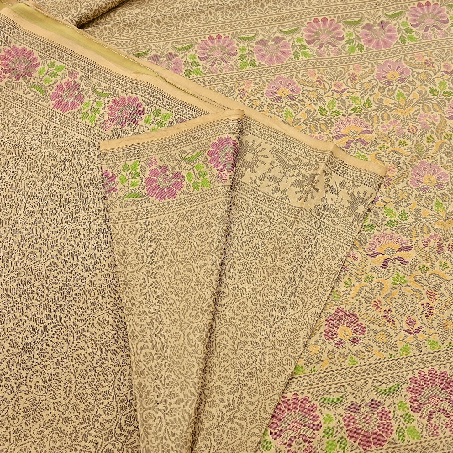 Indian Vintage Sari Beige 100% Pure Silk Hand Woven Sarees Craft Fabric 5Yd Ethnic Sewing Dress making Crafting Quilting Upcycle