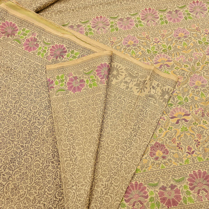 Indian Vintage Sari Beige 100% Pure Silk Hand Woven Sarees Craft Fabric 5Yd Ethnic Sewing Dress making Crafting Quilting Upcycle