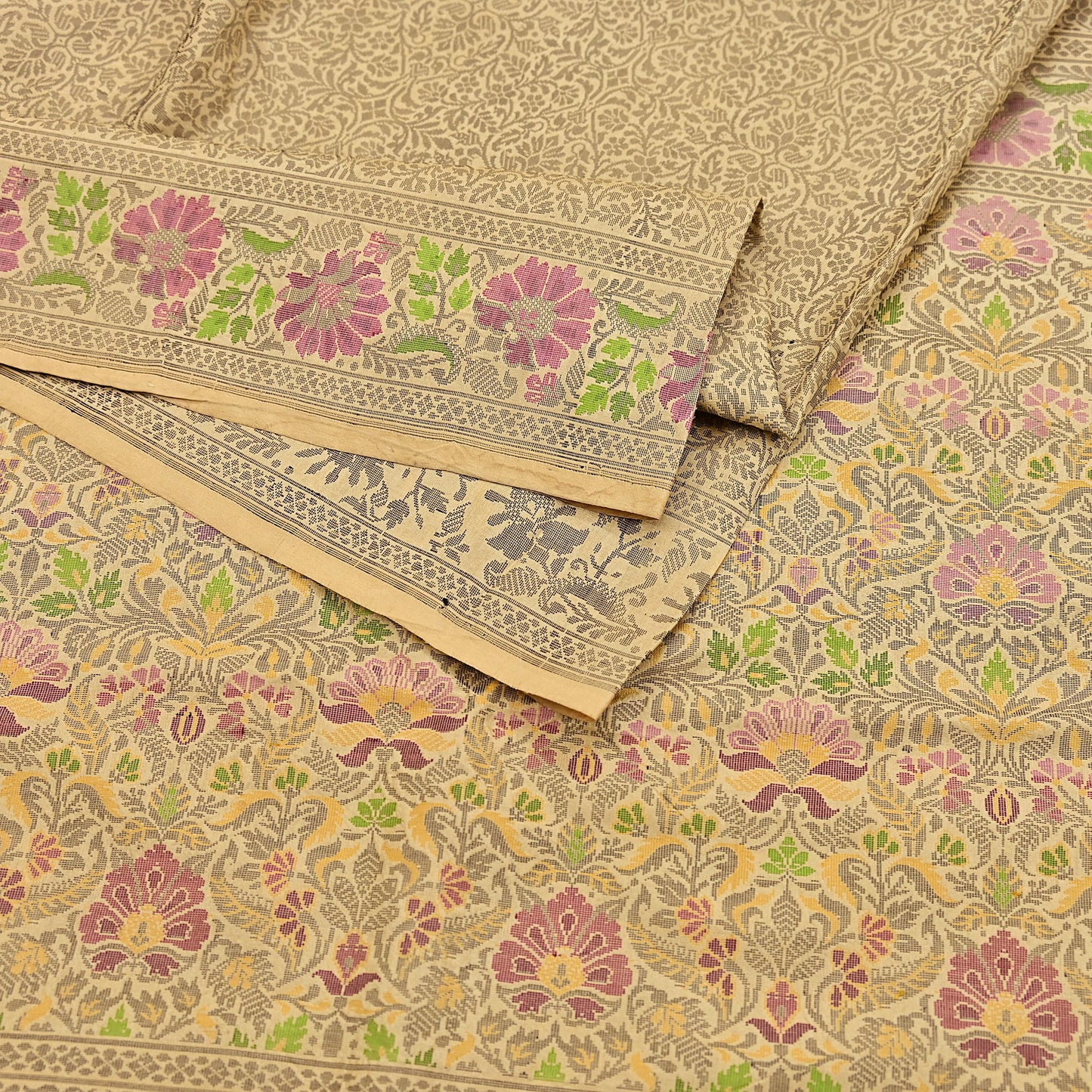 Indian Vintage Sari Beige 100% Pure Silk Hand Woven Sarees Craft Fabric 5Yd Ethnic Sewing Dress making Crafting Quilting Upcycle