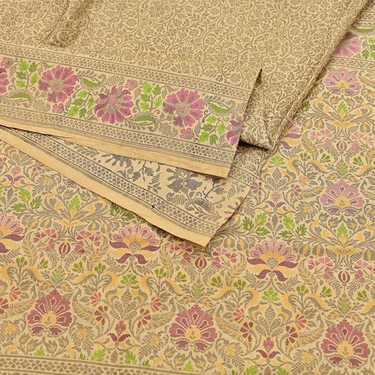 Indian Vintage Sari Beige 100% Pure Silk Hand Woven Sarees Craft Fabric 5Yd Ethnic Sewing Dress making Crafting Quilting Upcycle