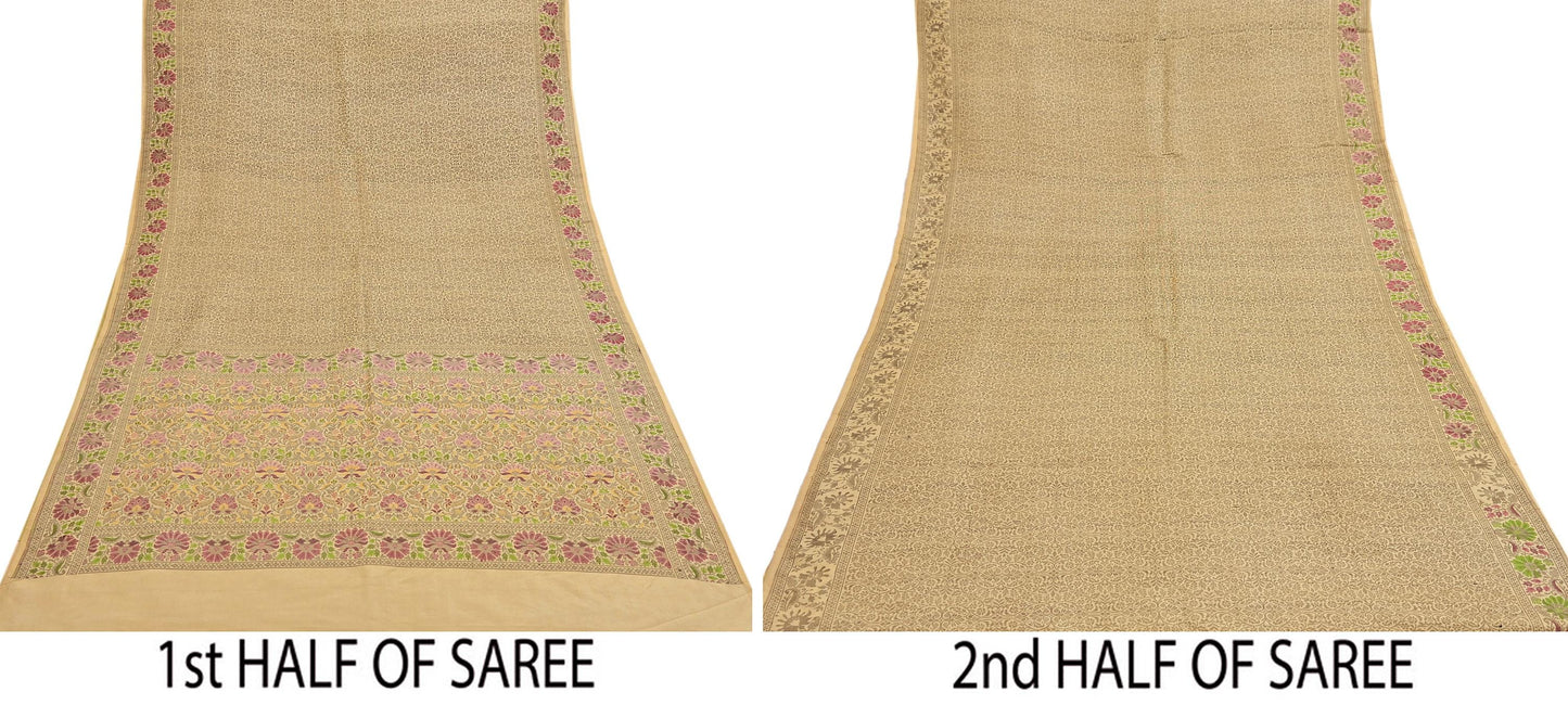 Indian Vintage Sari Beige 100% Pure Silk Hand Woven Sarees Craft Fabric 5Yd Ethnic Sewing Dress making Crafting Quilting Upcycle