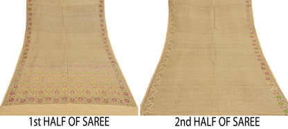 Indian Vintage Sari Beige 100% Pure Silk Hand Woven Sarees Craft Fabric 5Yd Ethnic Sewing Dress making Crafting Quilting Upcycle