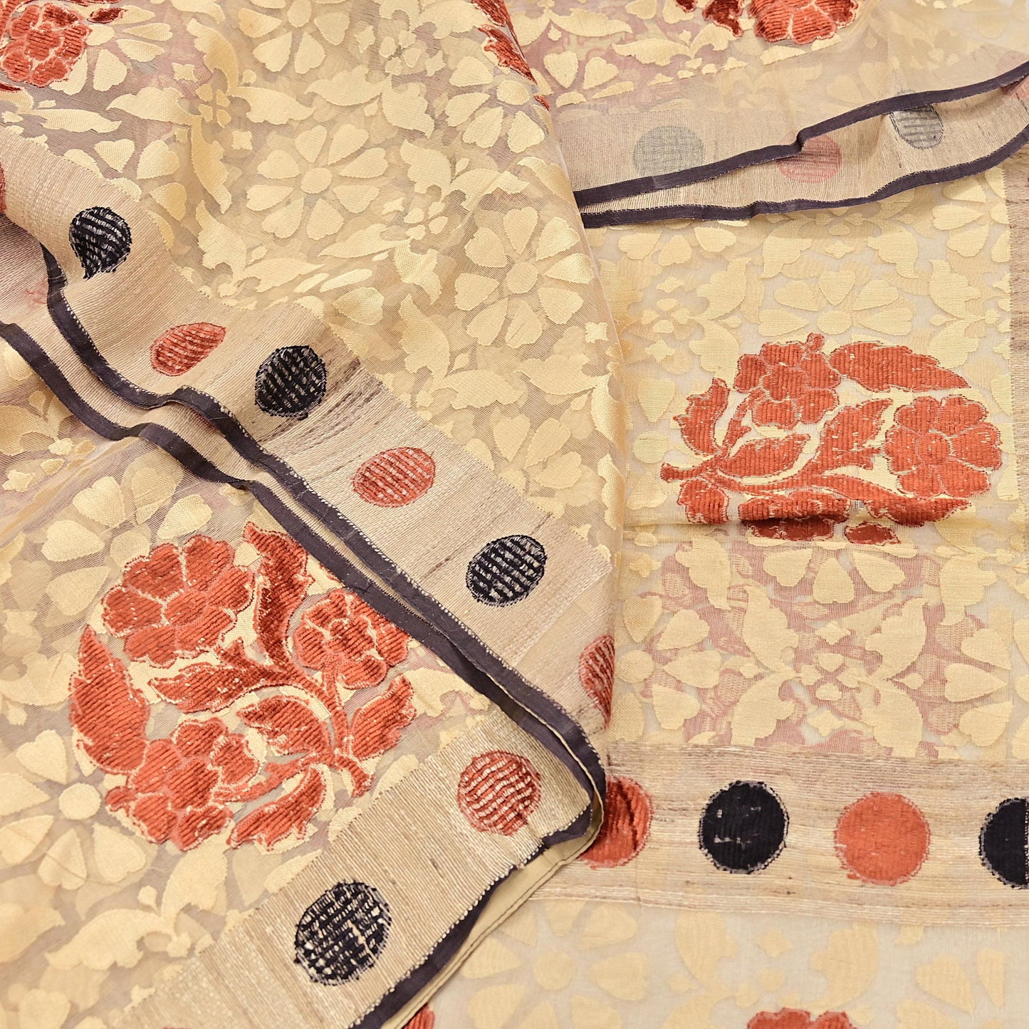 Indian Vintage Sarees Beige Pure Cotton Hand Woven Jamdani Sari 5yd Ethnic Floral Craft Fabric Dress making Upcycle Crafting Quilting