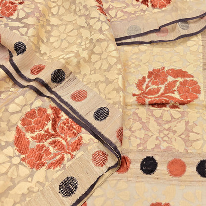 Indian Vintage Sarees Beige Pure Cotton Hand Woven Jamdani Sari 5yd Ethnic Floral Craft Fabric Dress making Upcycle Crafting Quilting