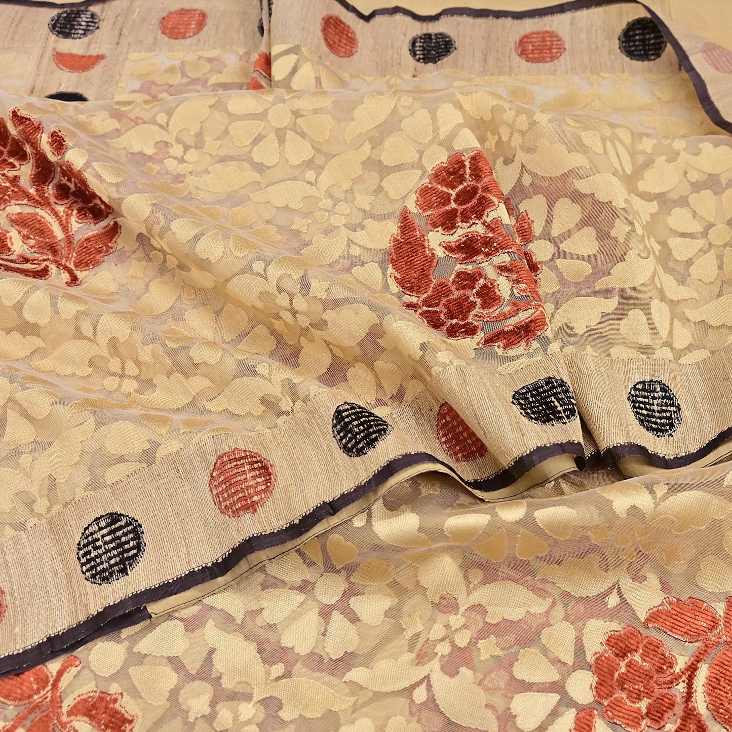 Indian Vintage Sarees Beige Pure Cotton Hand Woven Jamdani Sari 5yd Ethnic Floral Craft Fabric Dress making Upcycle Crafting Quilting