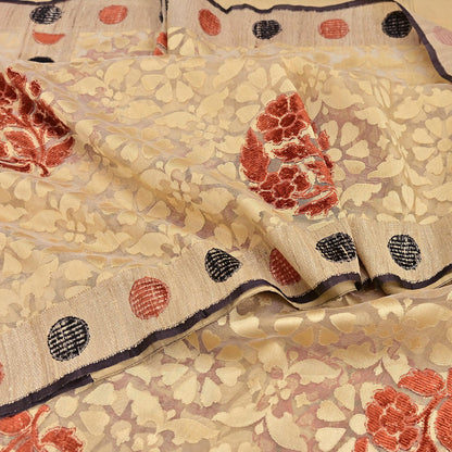 Indian Vintage Sarees Beige Pure Cotton Hand Woven Jamdani Sari 5yd Ethnic Floral Craft Fabric Dress making Upcycle Crafting Quilting