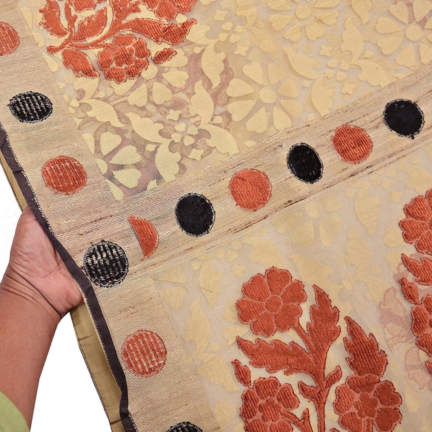 Indian Vintage Sarees Beige Pure Cotton Hand Woven Jamdani Sari 5yd Ethnic Floral Craft Fabric Dress making Upcycle Crafting Quilting