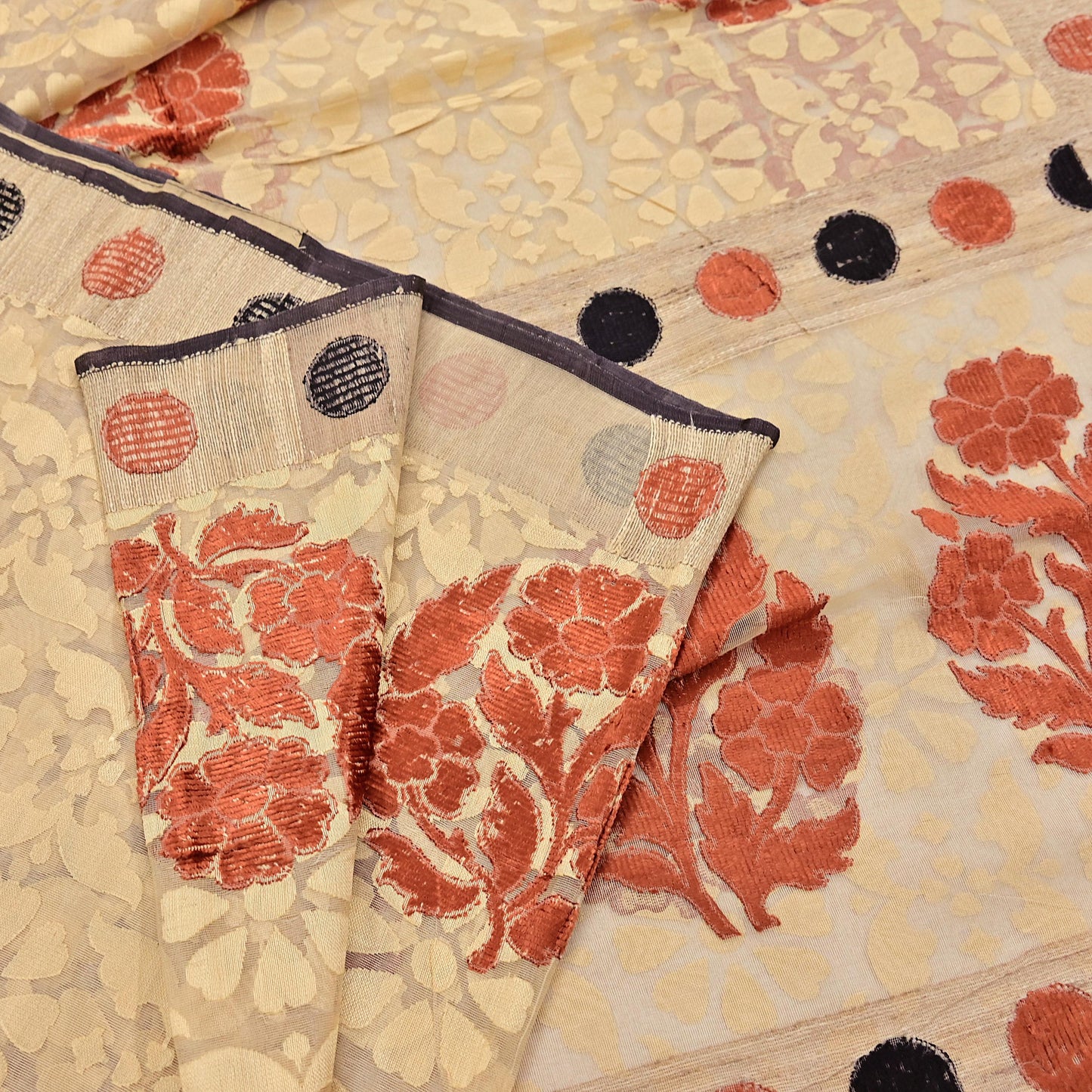 Indian Vintage Sarees Beige Pure Cotton Hand Woven Jamdani Sari 5yd Ethnic Floral Craft Fabric Dress making Upcycle Crafting Quilting