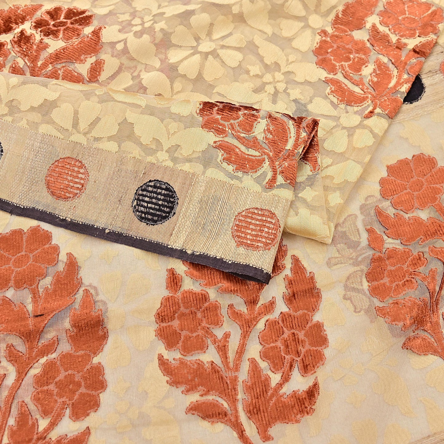 Indian Vintage Sarees Beige Pure Cotton Hand Woven Jamdani Sari 5yd Ethnic Floral Craft Fabric Dress making Upcycle Crafting Quilting