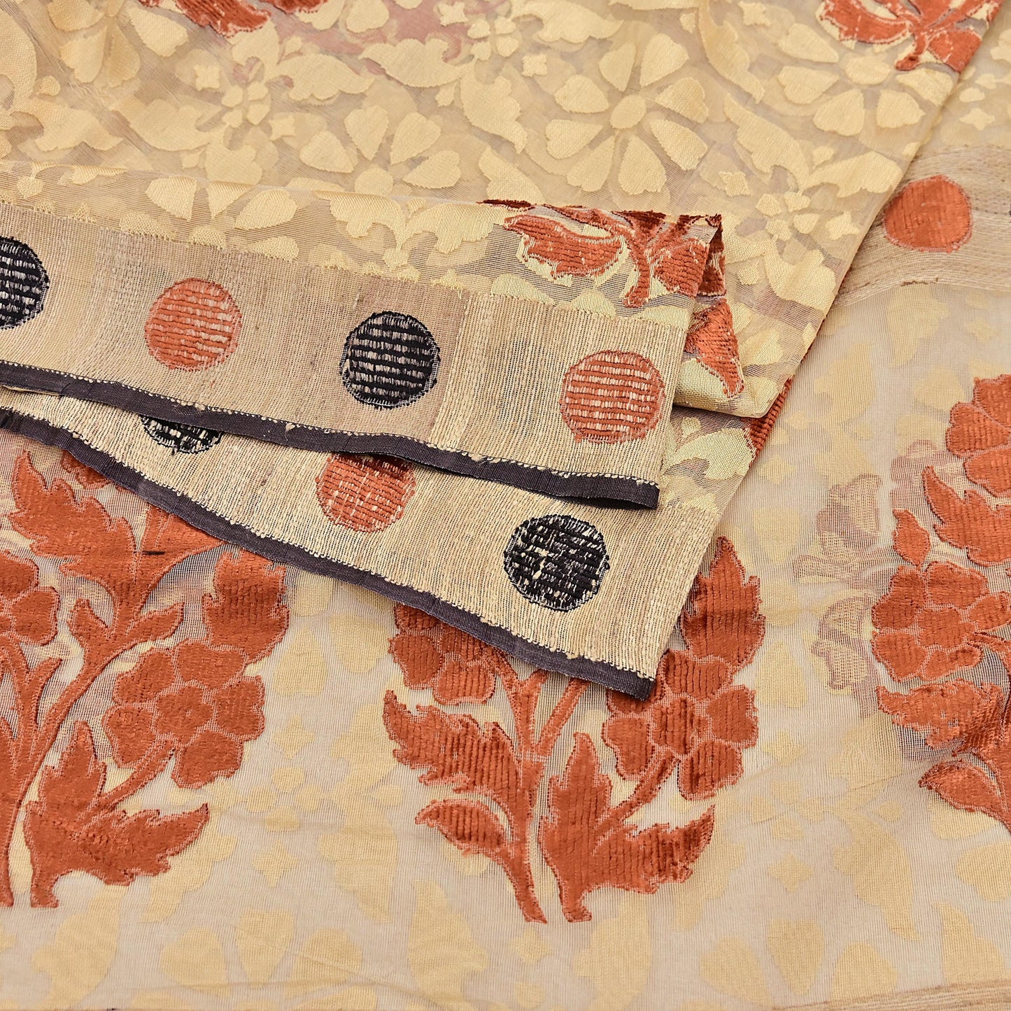 Indian Vintage Sarees Beige Pure Cotton Hand Woven Jamdani Sari 5yd Ethnic Floral Craft Fabric Dress making Upcycle Crafting Quilting