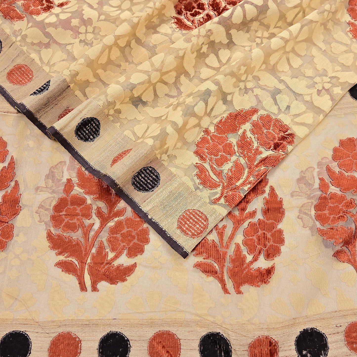 Indian Vintage Sarees Beige Pure Cotton Hand Woven Jamdani Sari 5yd Ethnic Floral Craft Fabric Dress making Upcycle Crafting Quilting