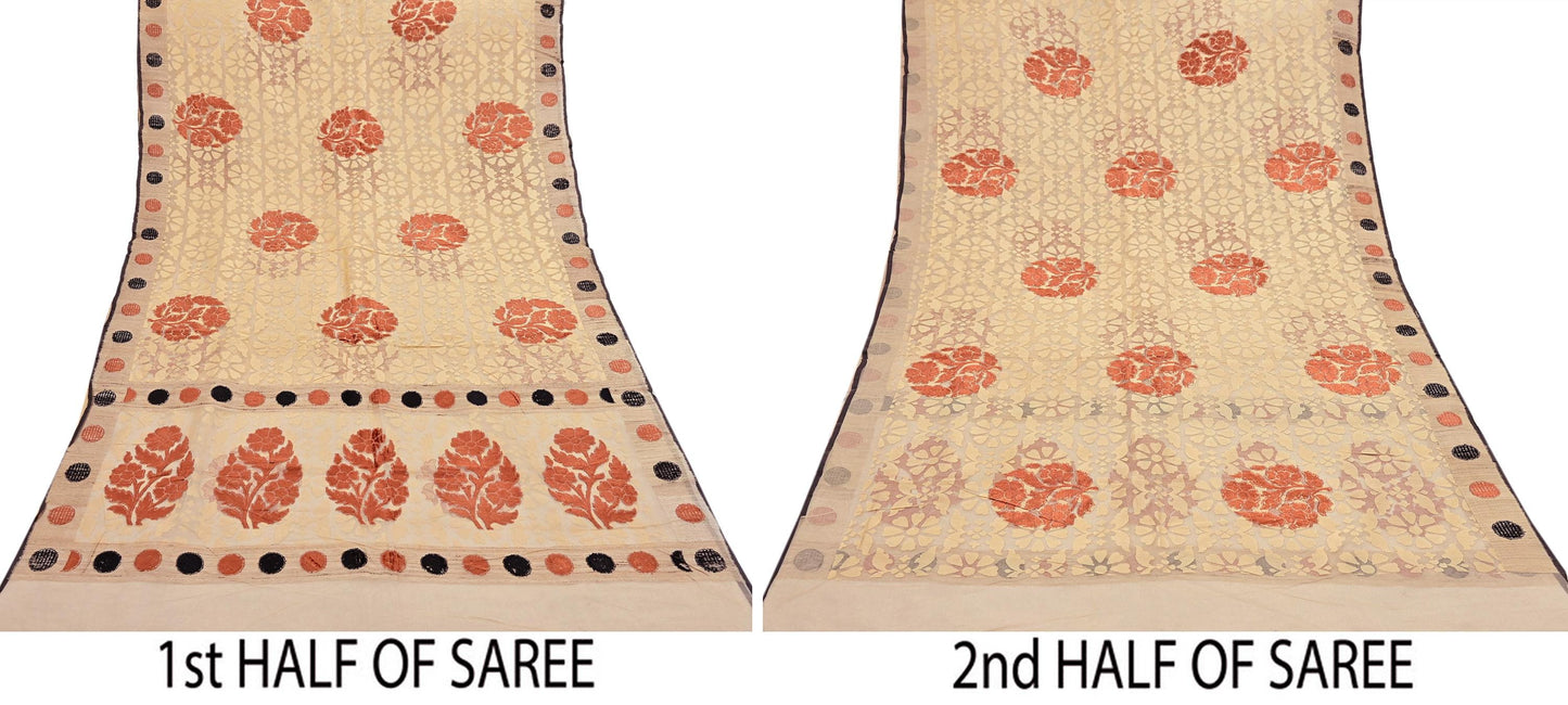 Indian Vintage Sarees Beige Pure Cotton Hand Woven Jamdani Sari 5yd Ethnic Floral Craft Fabric Dress making Upcycle Crafting Quilting