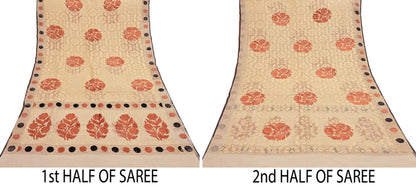 Indian Vintage Sarees Beige Pure Cotton Hand Woven Jamdani Sari 5yd Ethnic Floral Craft Fabric Dress making Upcycle Crafting Quilting
