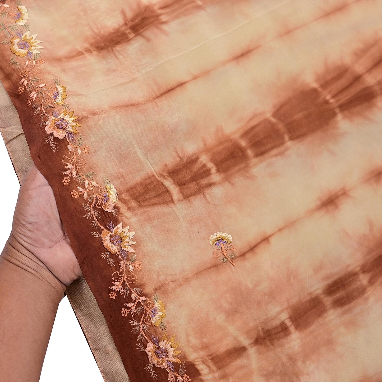 Indian Vintage Saree Brown & Beige Pure Crepe Silk Tie-Dye Embroidered Sari Fabric 5yard Sewing Floral Soft Zari