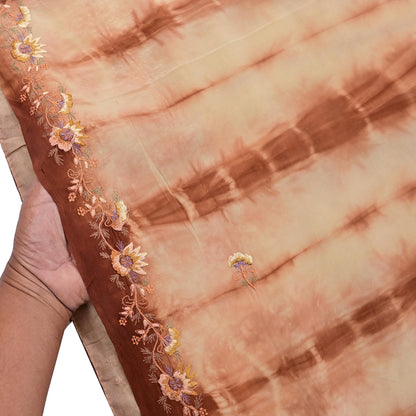 Indian Vintage Saree Brown & Beige Pure Crepe Silk Tie-Dye Embroidered Sari Fabric 5yard Sewing Floral Soft Zari