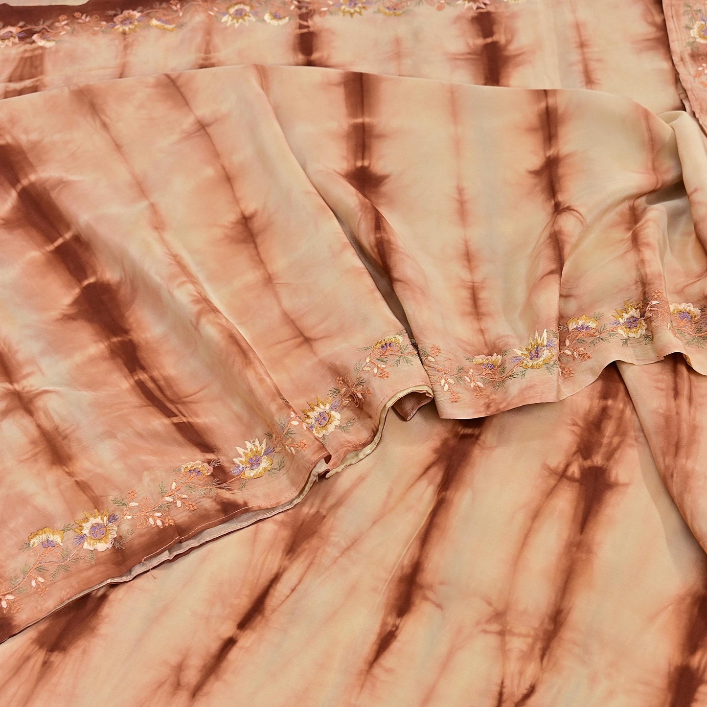 Indian Vintage Saree Brown & Beige Pure Crepe Silk Tie-Dye Embroidered Sari Fabric 5yard Sewing Floral Soft Zari