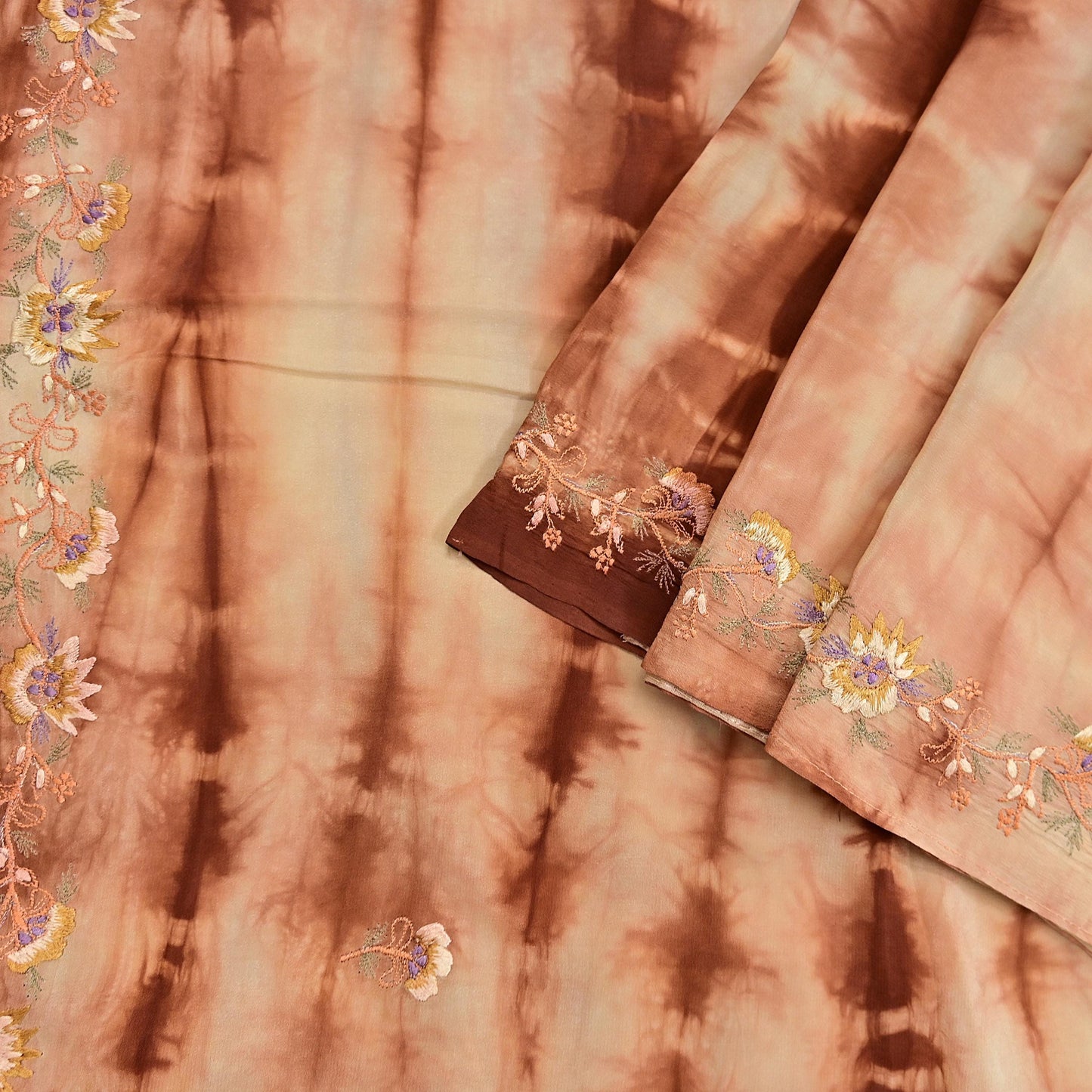 Indian Vintage Saree Brown & Beige Pure Crepe Silk Tie-Dye Embroidered Sari Fabric 5yard Sewing Floral Soft Zari
