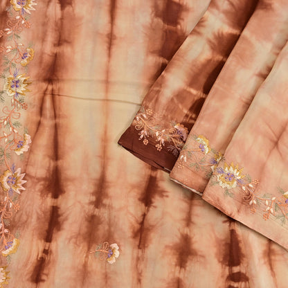 Indian Vintage Saree Brown & Beige Pure Crepe Silk Tie-Dye Embroidered Sari Fabric 5yard Sewing Floral Soft Zari