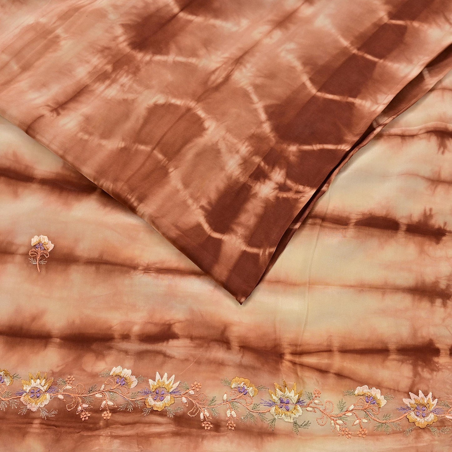 Indian Vintage Saree Brown & Beige Pure Crepe Silk Tie-Dye Embroidered Sari Fabric 5yard Sewing Floral Soft Zari