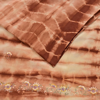 Indian Vintage Saree Brown & Beige Pure Crepe Silk Tie-Dye Embroidered Sari Fabric 5yard Sewing Floral Soft Zari