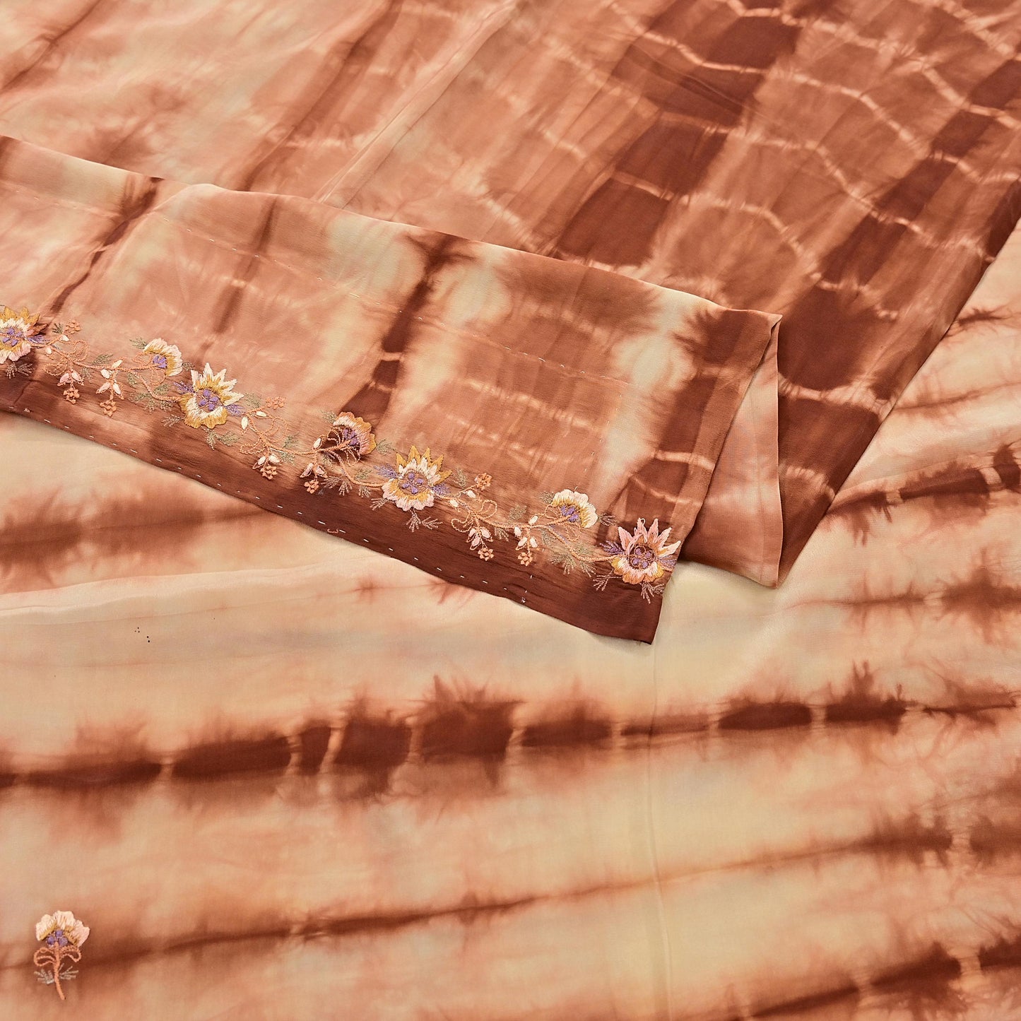 Indian Vintage Saree Brown & Beige Pure Crepe Silk Tie-Dye Embroidered Sari Fabric 5yard Sewing Floral Soft Zari
