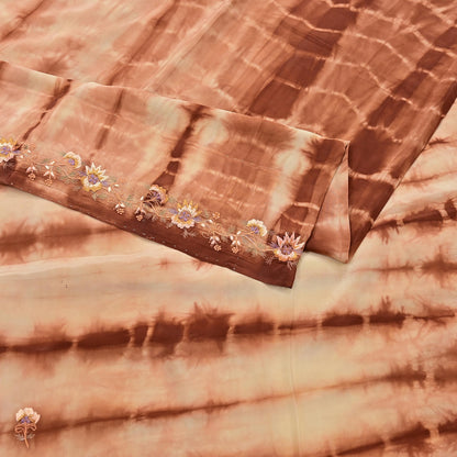 Indian Vintage Saree Brown & Beige Pure Crepe Silk Tie-Dye Embroidered Sari Fabric 5yard Sewing Floral Soft Zari