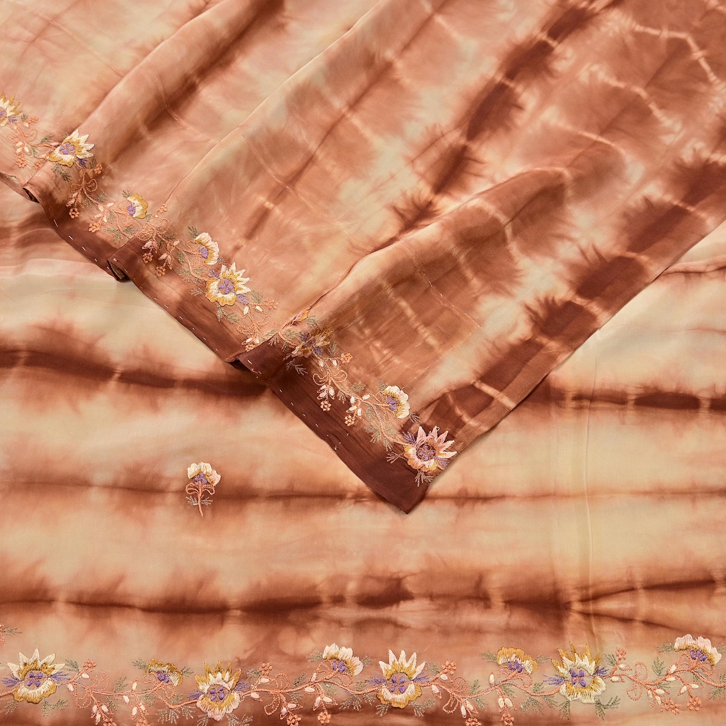 Indian Vintage Saree Brown & Beige Pure Crepe Silk Tie-Dye Embroidered Sari Fabric 5yard Sewing Floral Soft Zari