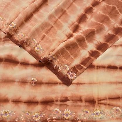 Indian Vintage Saree Brown & Beige Pure Crepe Silk Tie-Dye Embroidered Sari Fabric 5yard Sewing Floral Soft Zari