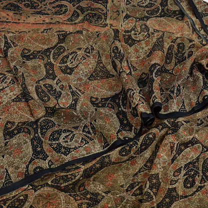 Indian Vintage Black Pure Chiffon Silk Saree Printed Floral Design 5 Yards Sheer Soft Fabric for Sewing, Dressmaking,
