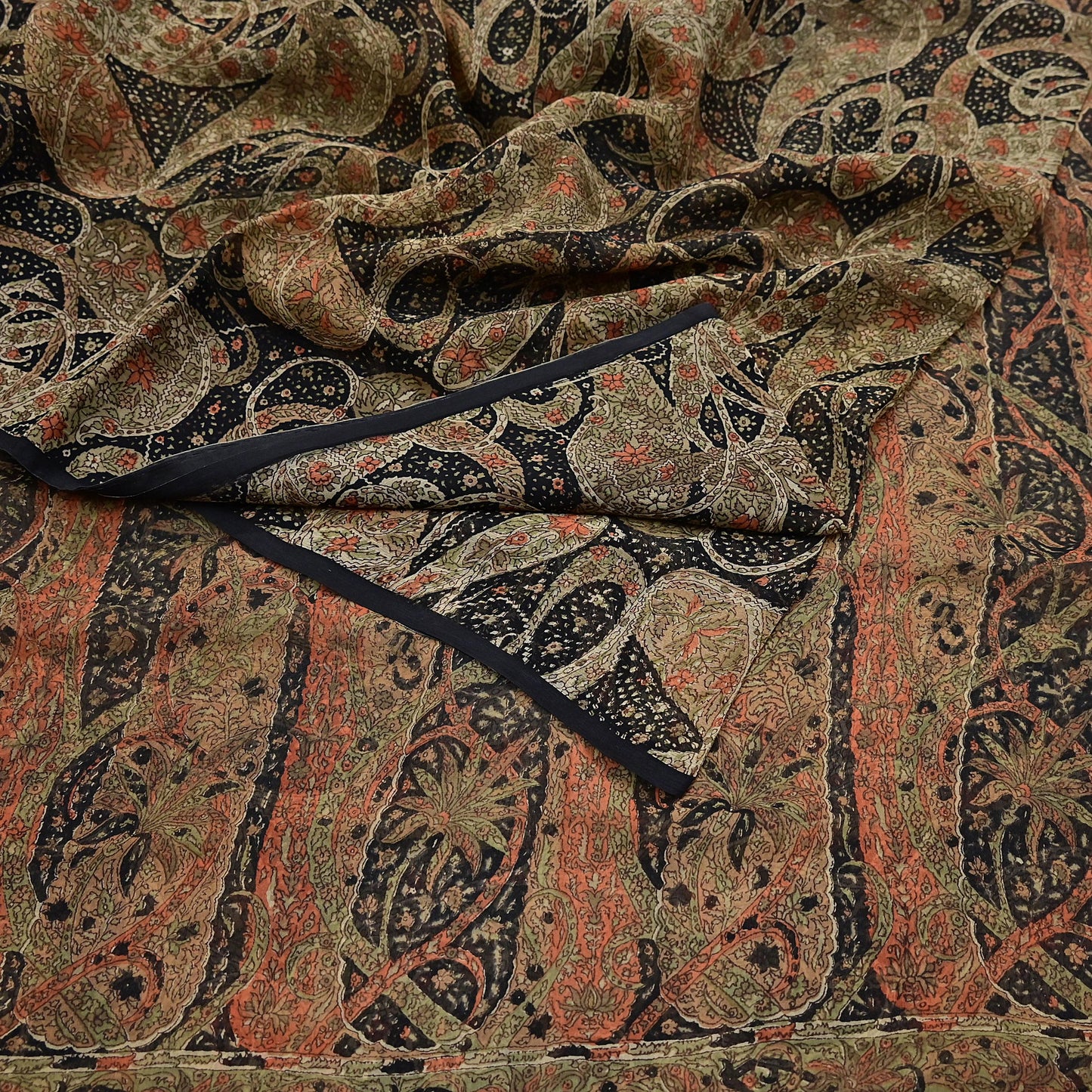 Indian Vintage Black Pure Chiffon Silk Saree Printed Floral Design 5 Yards Sheer Soft Fabric for Sewing, Dressmaking,