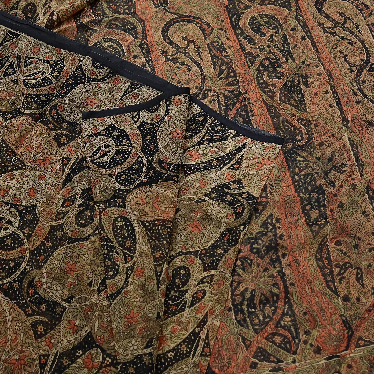 Indian Vintage Black Pure Chiffon Silk Saree Printed Floral Design 5 Yards Sheer Soft Fabric for Sewing, Dressmaking,