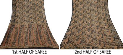 Indian Vintage Black Pure Chiffon Silk Saree Printed Floral Design 5 Yards Sheer Soft Fabric for Sewing, Dressmaking,