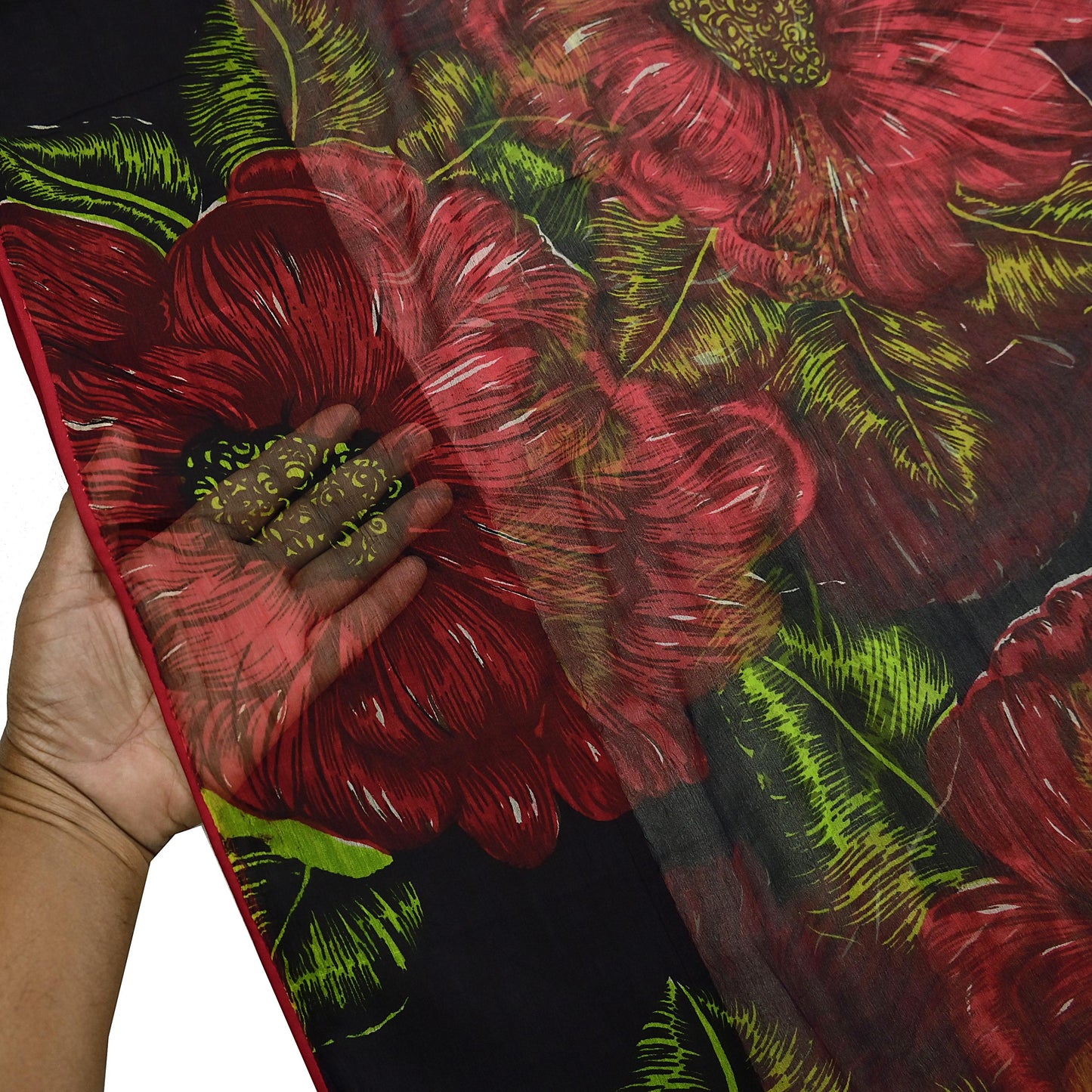 Indian Vintage Black & Red Pure Chiffon Silk Saree Printed Floral Design 5 Yards Sheer Soft Fabric for Sewing, Dressmaking,