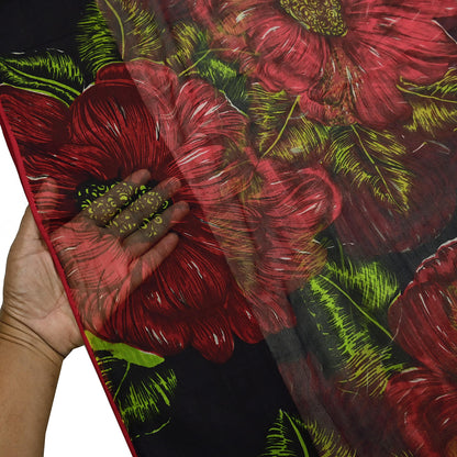 Indian Vintage Black & Red Pure Chiffon Silk Saree Printed Floral Design 5 Yards Sheer Soft Fabric for Sewing, Dressmaking,