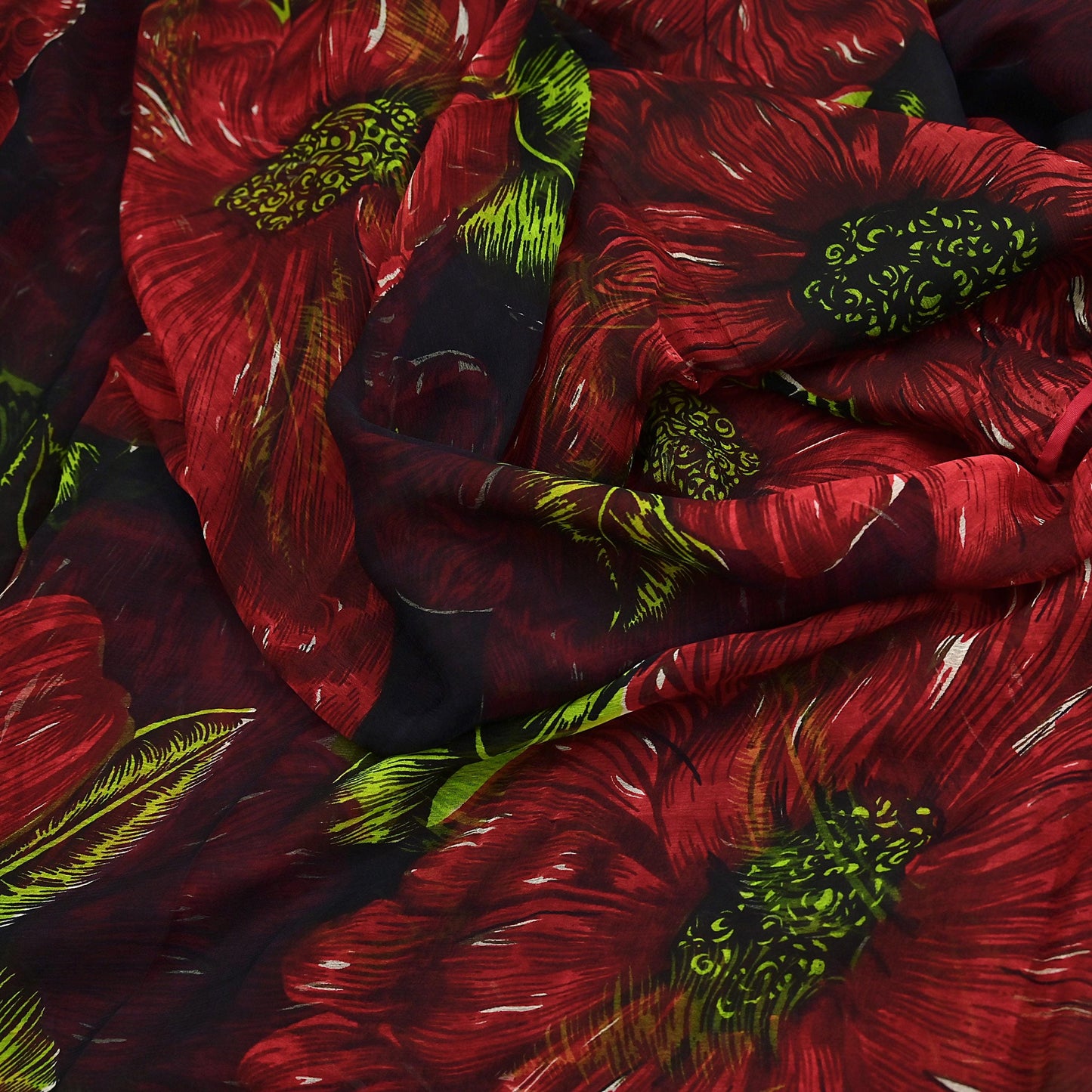 Indian Vintage Black & Red Pure Chiffon Silk Saree Printed Floral Design 5 Yards Sheer Soft Fabric for Sewing, Dressmaking,