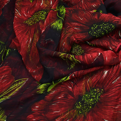 Indian Vintage Black & Red Pure Chiffon Silk Saree Printed Floral Design 5 Yards Sheer Soft Fabric for Sewing, Dressmaking,